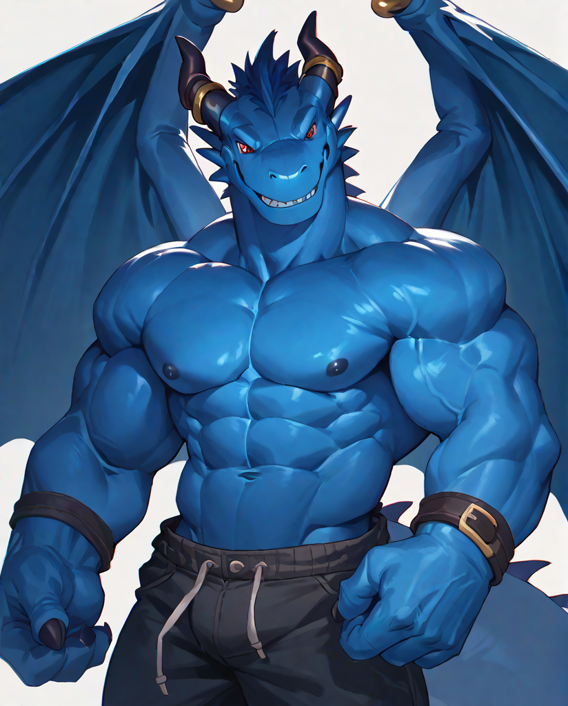 source_furry,score_9,score_8 up,score_7 up,score_6 up,male,anthro,furry,1boy,solo,blue_dragon,dragon,wings,horns,blue body,red eyes,muscles,muscular,bodybuilder,abs,pectorals,biceps,<lora:Blue_Dragon:1>,