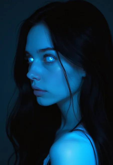 2d, A haunting profile of a woman with long, jet-black hair, her pale face framed by darkness, her deep-set blue eyes cold and haunting, her expression unreadable, as if sheâs hiding a deep secret., highly detailed, Techno, loop lighting, fluorescent blue, art by Smai-Lee, sad atmosphere <lora:usual-portrait-v2:1>