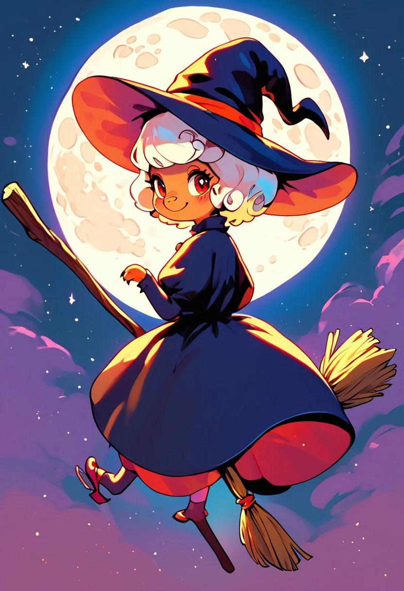 score_9, score_8_up, score_7_up, score_6_up, score_5_up, score_4_up, m0use_goldie, female, grey fur, black ears, red eyes, tail, (cute, feral:1.5), (black dress, witch's hat), riding on a broomstick through the sky, (moon:1.5), (broom_riding:1.2), looking back, looking at viewer,