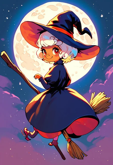score_9, score_8_up, score_7_up, score_6_up, score_5_up, score_4_up, m0use_goldie, female, grey fur, black ears, red eyes, tail, (cute, feral:1.5), (black dress, witch's hat), riding on a broomstick through the sky, (moon:1.5), (broom_riding:1.2), looking back, looking at viewer,