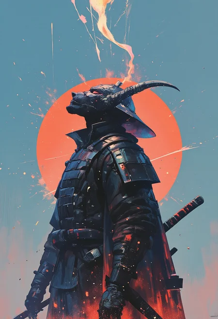 (Highly detailed, hyper-realistic, digital painting) A dramatic digital artwork of a lone samurai in a powerstance, looking upward with fierce determination. He wears black metal armor with angular, battle-worn plating, layered with intricate etchings that reflect subtle blue highlights. A wide samurai hat shadows part of his face beneath a sculpted helmet crowned with curved black horns. A katana is sheathed across his back, its hilt wrapped in crimson cloth. A deep red cloak billows behind him, torn and scorched at the edges, contrasting sharply with the vivid sky blue background. Surrounding him, electric blue fire arcs upward in spectral tendrils, casting an otherworldly glow across the armor and ground. The scene pulses with energy, blending stoic tradition and supernatural intensity in cinematic composition and ultra-sharp detail.