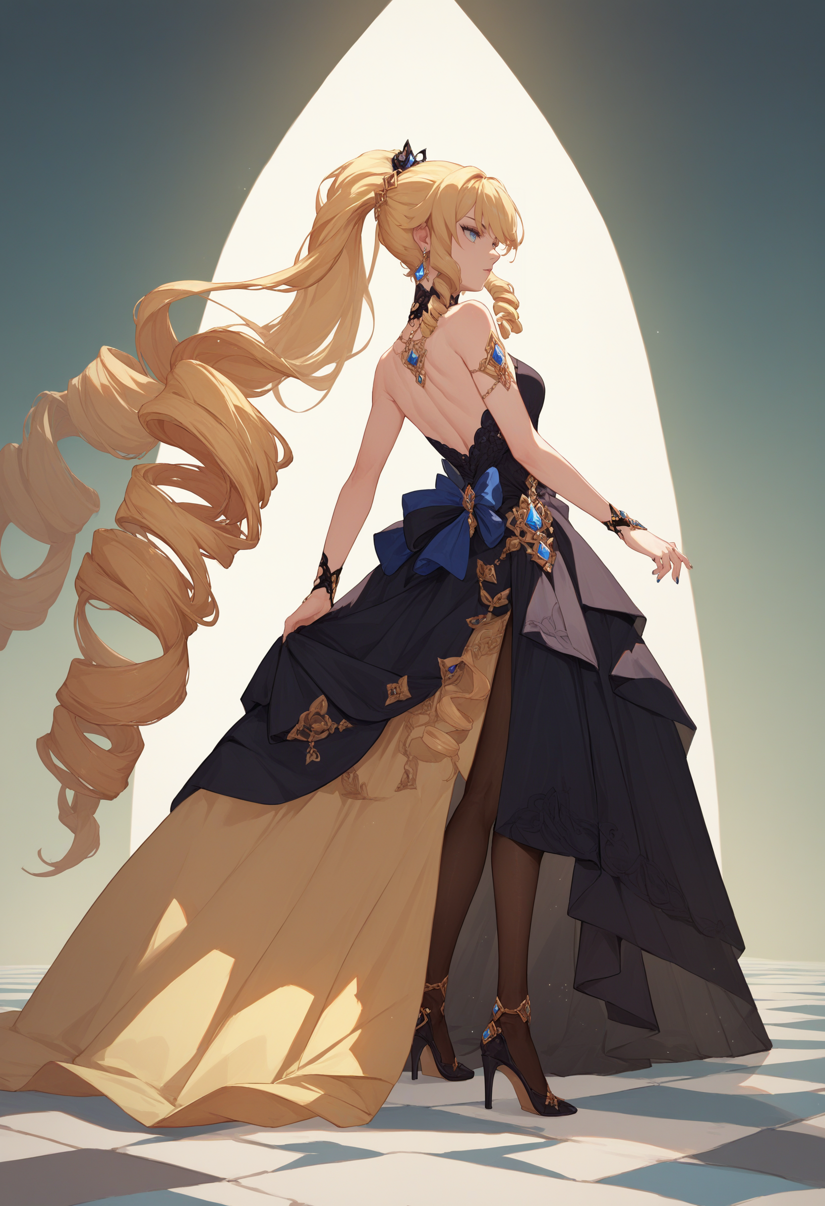 score_9, score_8_up, score_7_up, source_anime <lora:wrenchnavia-000009:0.9>,ginavia,female, high ponytail, drill hair, evening gown, layered dress, black gown, jewelry, earrings, high heels, black pantyhose,