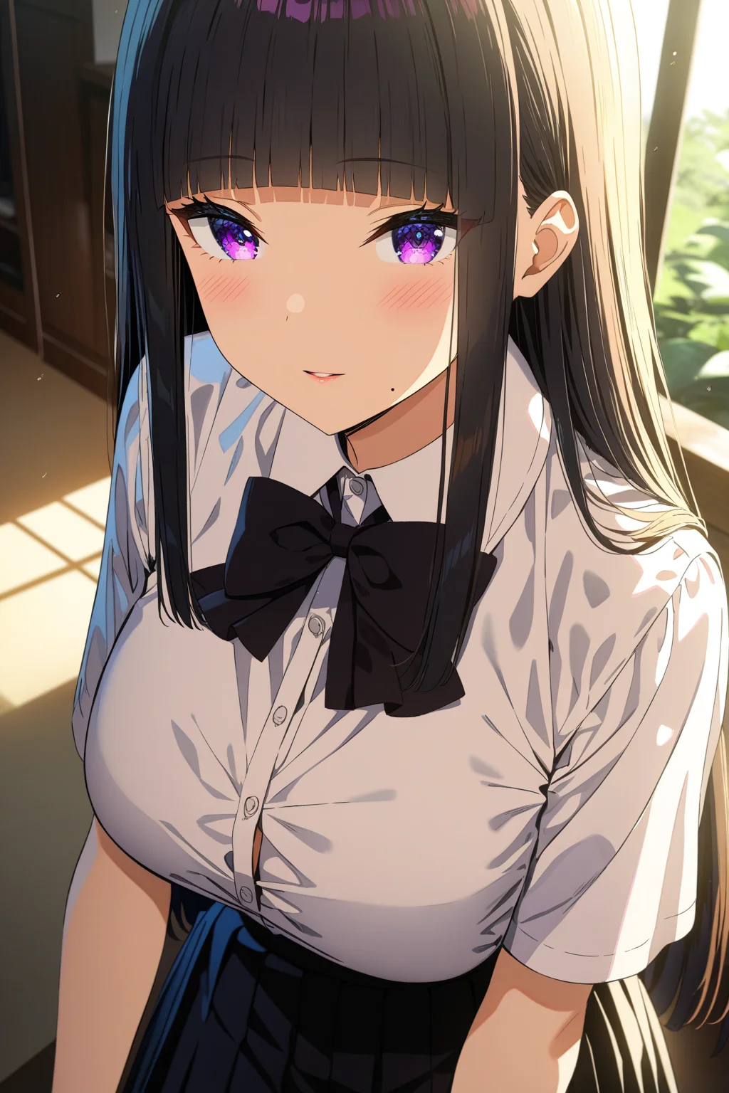 16k, 8k, 4k,
best quality, extremely detailed fine touch, hyper detailed, highly detailed, top quality, extreme quality, ultra details, absurdres, masterpiece, amazing details, beautiful illustration, detailed face,
source_anime, digital painting, anime,
very aesthetic, natural light, sun light, light rays, dappled light, reflection, shadows, ray tracing, soft lighting,
bright colors, vivid colors, hdr, volumetric lighting,
<lora:aimi2(sdxl):1.0> aimi, 1girl, purple eyes, long hair, black hair, blunt bangs, sidelocks in a hime cut, large breasts, mole, looking at viewer, white shirt, black bow, black pleated skirt,
