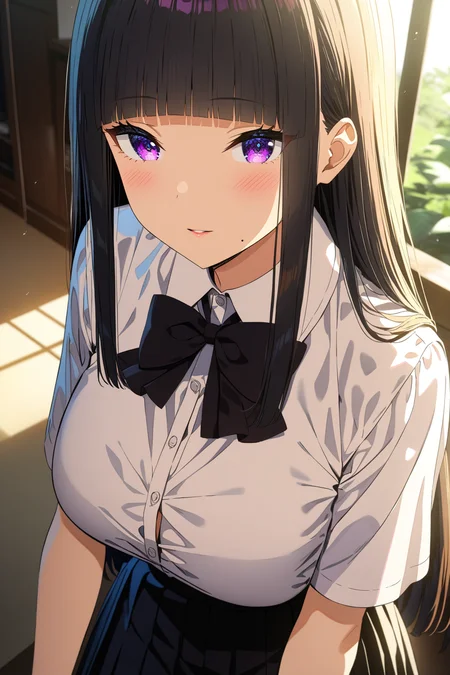 16k, 8k, 4k,
best quality, extremely detailed fine touch, hyper detailed, highly detailed, top quality, extreme quality, ultra details, absurdres, masterpiece, amazing details, beautiful illustration, detailed face,
source_anime, digital painting, anime,
very aesthetic, natural light, sun light, light rays, dappled light, reflection, shadows, ray tracing, soft lighting,
bright colors, vivid colors, hdr, volumetric lighting,
 <lora:aimi2(sdxl):1.0> aimi, 1girl, purple eyes, long hair, black hair, blunt bangs, sidelocks in a hime cut, large breasts, mole, looking at viewer, white shirt, black bow, black pleated skirt,