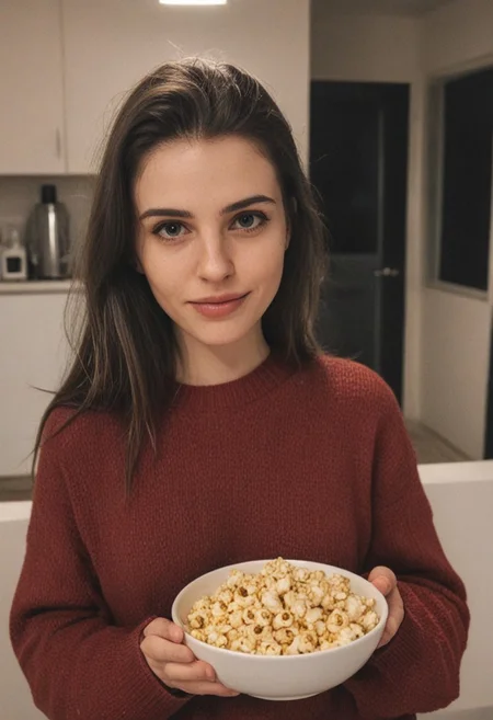 30yo woman wearing red sweater with white textures holding a bowl of popcorn
long black dark hair slick back and smooth.
Small thin smile. Looking at camera. POV
Kitchen. Fully furnished.
Night time.