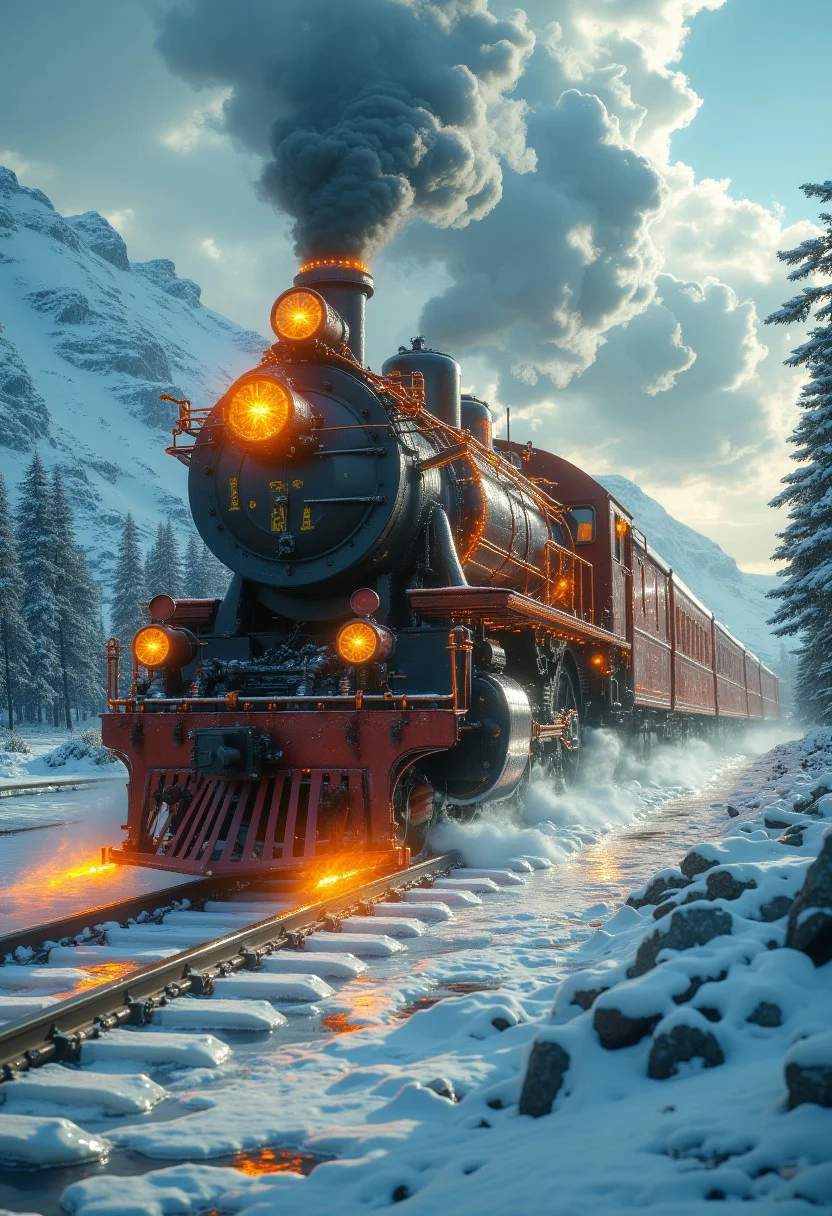 a powerful, armored steampunk steam train with many arored carriages, travelling fast on rails through a snowy, icy landscape, dynamic image, motion blur, dramatic lighting, cinematic, hyperdetailed