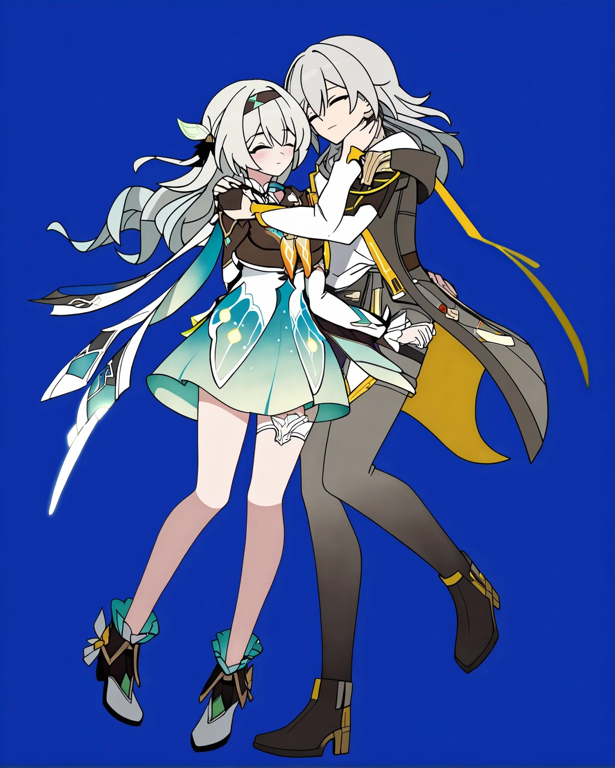 (8k:0.9), best quality, masterpiece, (ultra-detailed:1.2), (high detailed skin), full body,
<lora:LKtrain-pony-Tanger-000005:0.8>, Firefly /(honkai: star rail/), Firefly's def clothes, stelle/(honkai: star rail/), stelle's def clothes, two anime characters hugging together, closed eyes,
simple background,