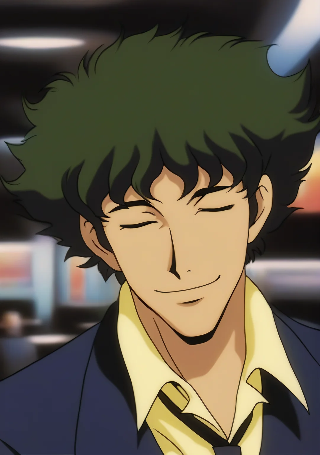 Spike Spiegel,brown eyes solo,smile,short hair,shirt,black hair,1boy,holding,closed mouth,closed eyes,male focus,green hair,collared shirt,formal,retro artstyle,1990s (style),masterpiece,oldest <lora:Spike:0.7>
