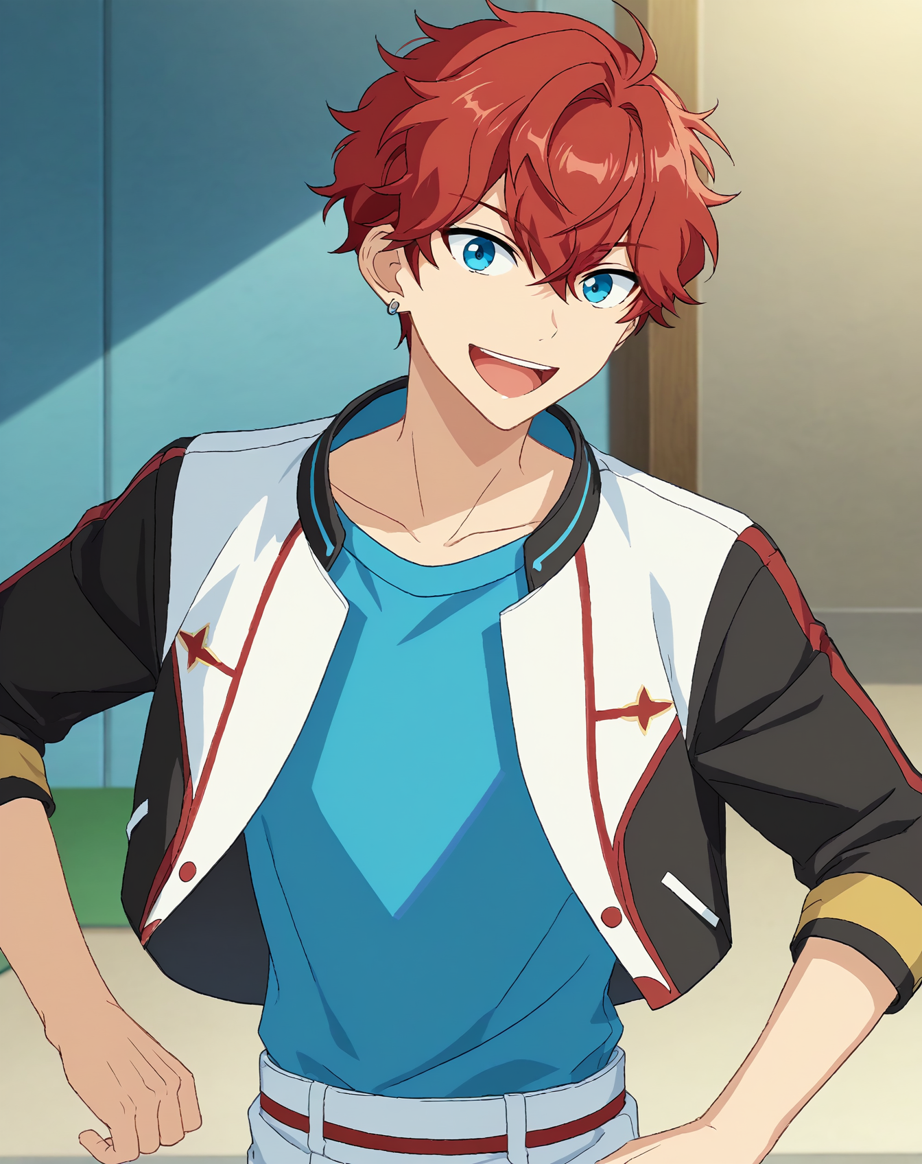 <lora:ensemble stars style:0.3>, score_9, score_8_up, source_anime, anime screencap, original style, depth of field, BREAK, rating_safe, 1boy, solo, male focus, <lora:amagi_hiiro_pony:1>, amagi_hiiro_pony, red hair, blue eyes, short hair, hair between eyes, bangs, single earring, cowboy shot, black jacket, blue shirt, happy, standing, looking at viewer, facing viewer, <lora:sdxl_lightning_8step_lora:1>
