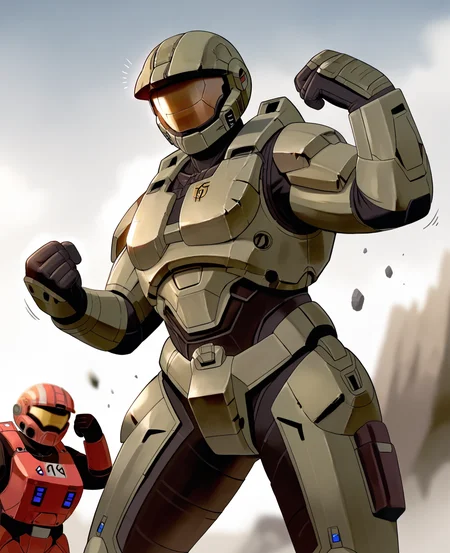 score_9, score_8_up, score_7_up, score_6_up, score_5_up, score_4_up, source_anime, lpugkd, rak, spartan \(halo\), male, 1boy, master chief, solo, helmet, faceless, armor, gloves, power armor, science fiction, crotch plate, breastplate, large breasts, simple background, outside, battlefield, war, battle, fight, flexing, flexing bicep, green armor, standing, looking at viewer, three-quarter portrait, motion lines, emanata,
<lora:spartan_pdxl:1>