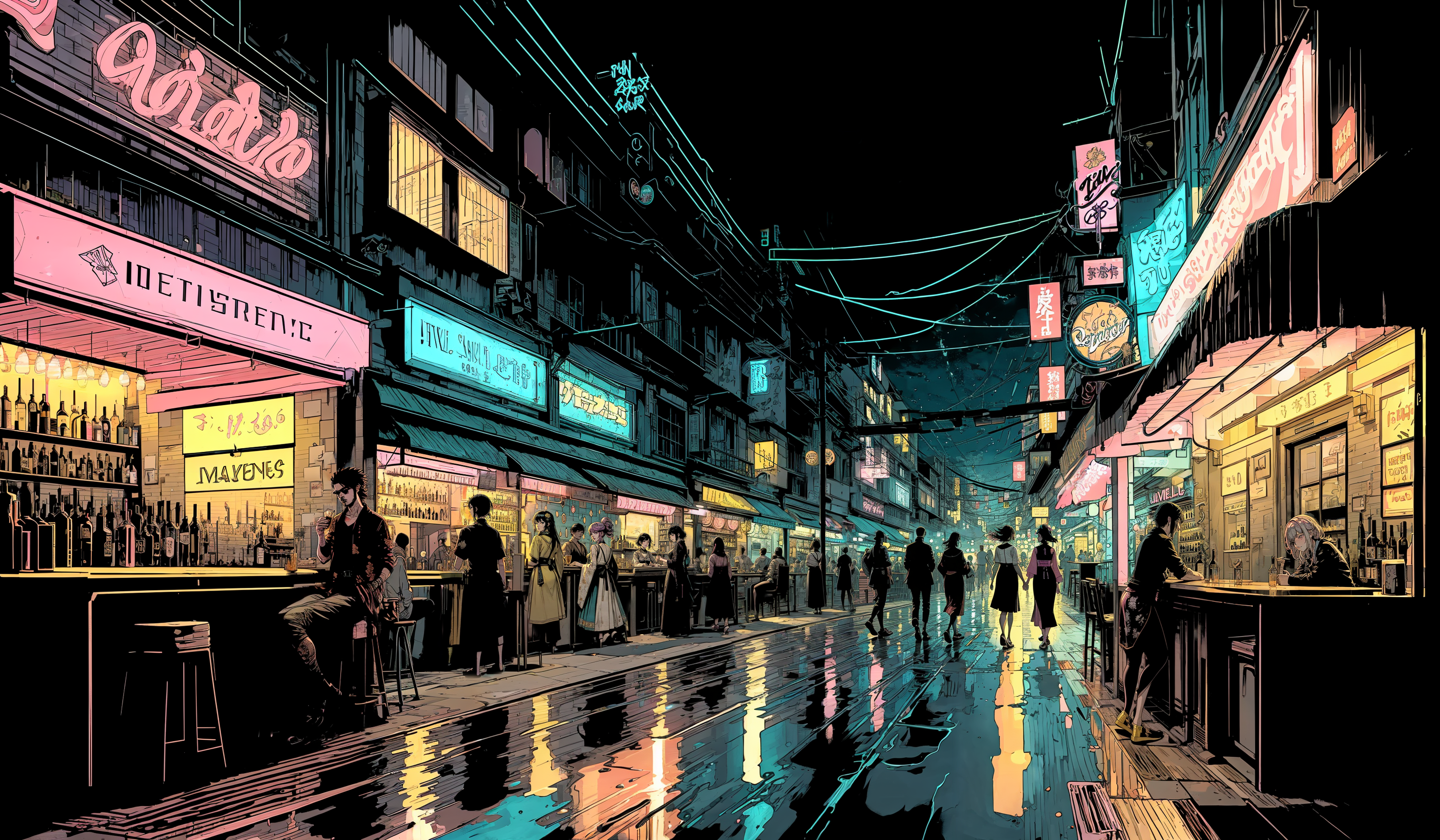 (masterpiece, best quality), (lively), (homely), nice atmosphere, (wallpaper),
(sky),
(neon lights, a street with bars on each side,
bar tables,:0.7)