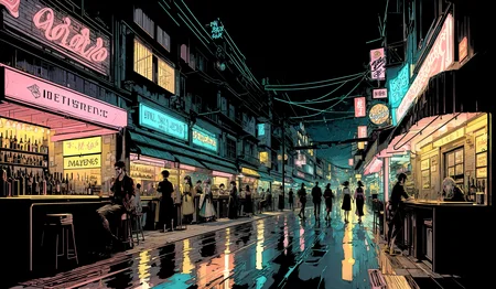 (masterpiece, best quality), (lively), (homely), nice atmosphere, (wallpaper),
(sky),
(neon lights, a street with bars on each side,
bar tables,:0.7)