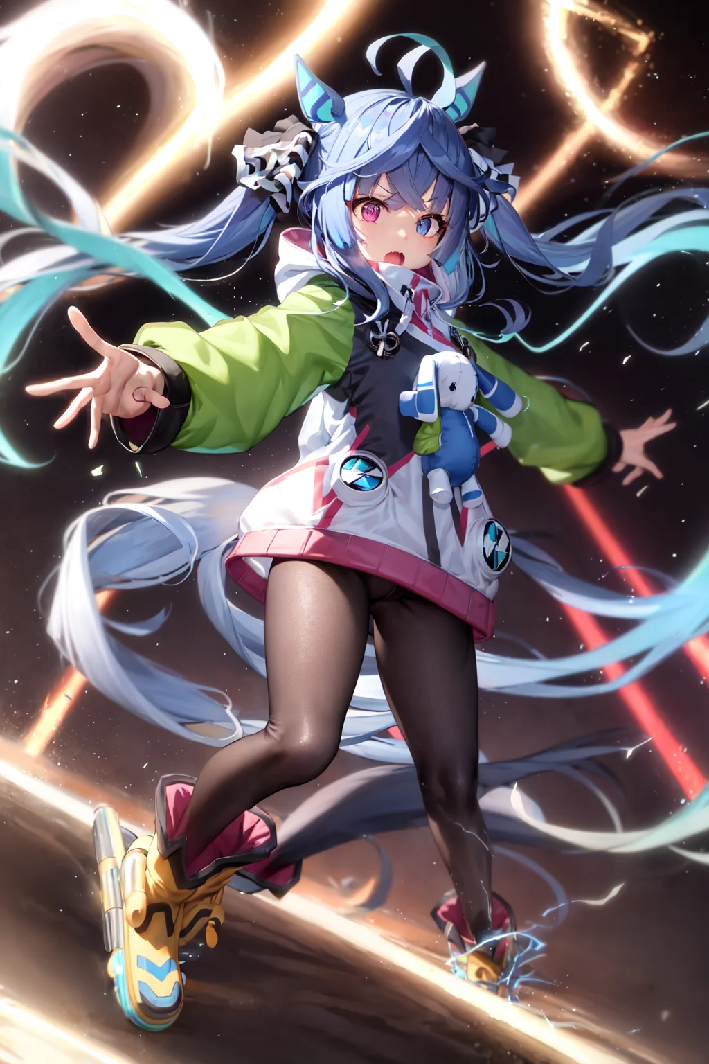masterpiece, best quality,
twin turbo \(umamusume\),
full body, explosion, aura, lightning, electricity, 
outstretched arms, 
stuffed bunny, hoodie, hood down, hooded coat, puffy long sleeves, multicolored clothes, multicolored jacket, drawstring, nail polish, black bodysuit, ankle boots, yellow footwear, 
<lora:twin_turbo_loha:0.7>