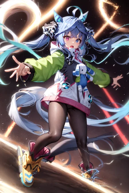 masterpiece, best quality,
twin turbo \(umamusume\),
full body, explosion, aura, lightning, electricity,
outstretched arms,
stuffed bunny, hoodie, hood down, hooded coat, puffy long sleeves, multicolored clothes, multicolored jacket, drawstring, nail polish, black bodysuit, ankle boots, yellow footwear,
<lora:twin_turbo_loha:0.7>