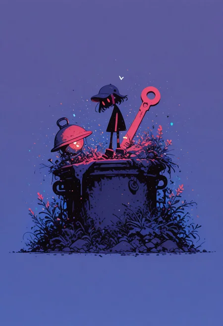 highres, very detailed, amazing quality, masterpiece,
very aesthetic, RBL-Illu, Flatline, Flat vector illustration,
particle effect, Cinematic, (flat lighting, flat color, flat design, no lineart:1),
a girl with a pot as a helmet and a trashcan lid as a shield is holding a wrench and is ready to fight monsters