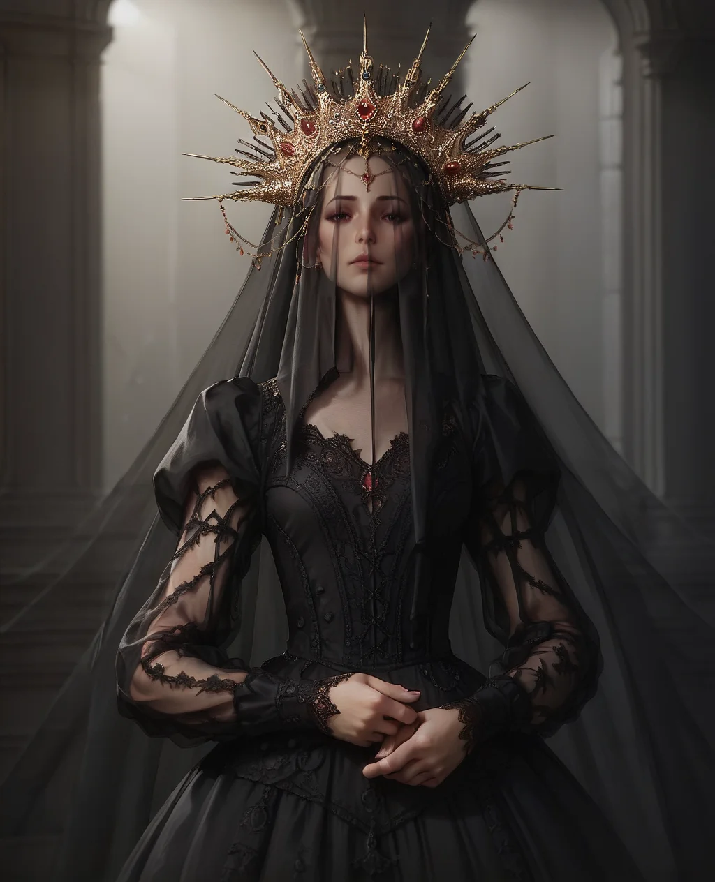 score_9. score_8_up, score_7_up, score_6_up, score_5_up, score_4_up, 1girl, c0r0n4t10n, long sleeves, puffy sleeves, black dress, lace dress, large crown, Veil, <lora:c0r0n4t10nXLP:0.65>