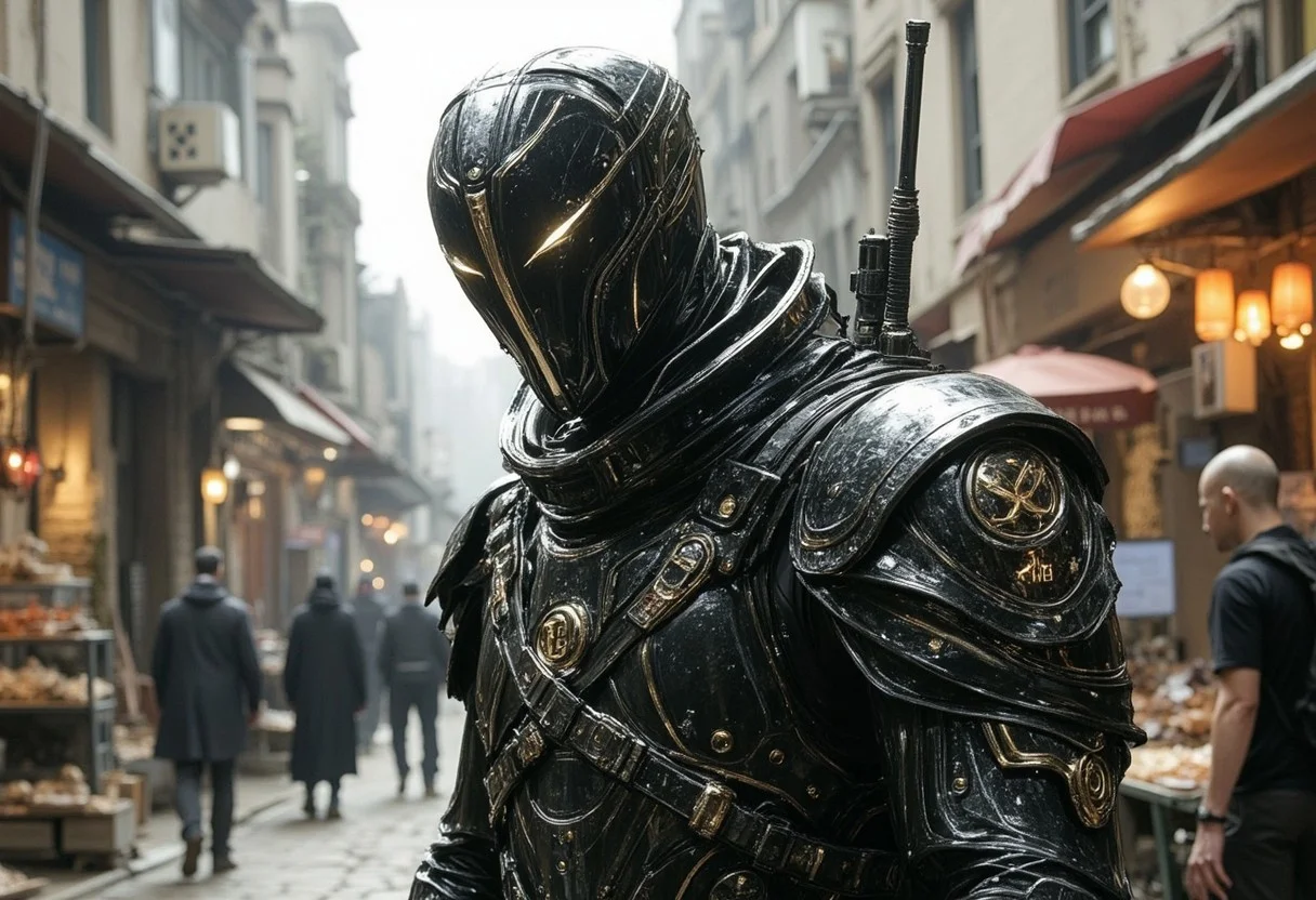fg A heavily armed cyberpunk male in the style of Jakub Rozalski. He is an assassin. The male should have futuristic cybernetic augmentations, wearing muscular, broad-shouldered, high-tech attire. The setting is a cyberpunk street market. The scene should have a tense, suspenseful aura with a mix of modern technology and traditional elements, reflecting a unique blend of futuristic and historical styles.