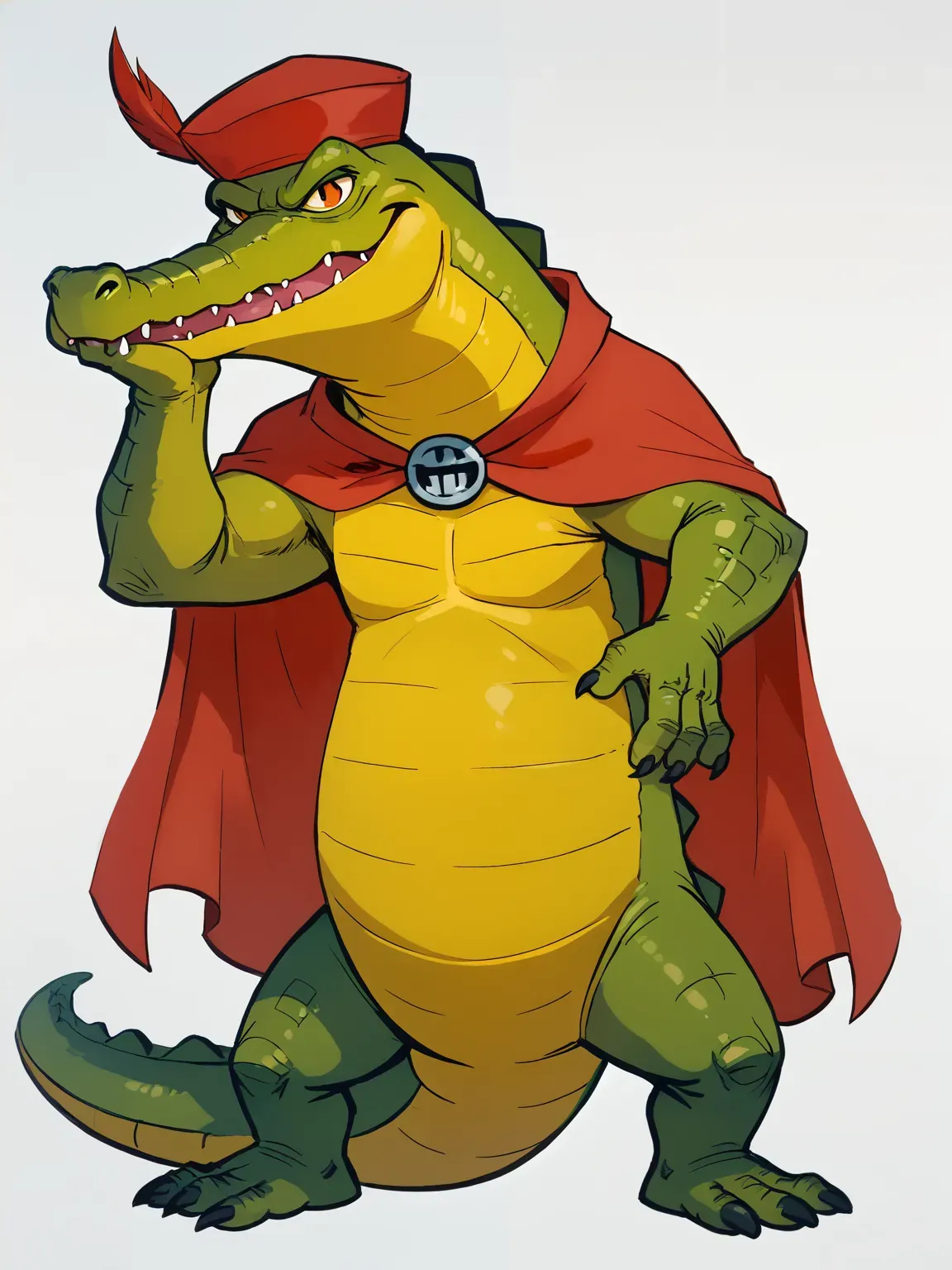 score_9, score_8_up, score_7_up, flat color, on model, gatorC, alligator, male, green skin, yellow belly, orange eyes, evil, tail, red fez, red cape, full body, (short:1.2), (feral:0.8), featureless chest, looking at viewer,
<lora:Marian6:1>,