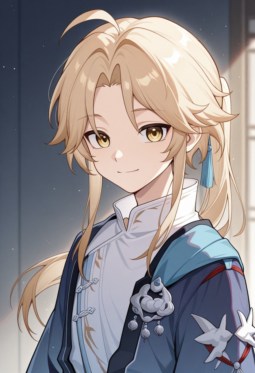 masterpiece,best quality,amazing quality, source_anime, 
Yanqihonk, 1boy, male focus, yellow eyes, blonde hair, long hair, ponytail, chinese clothes, shirt, white shirt, kimono, blue kimono, smile,