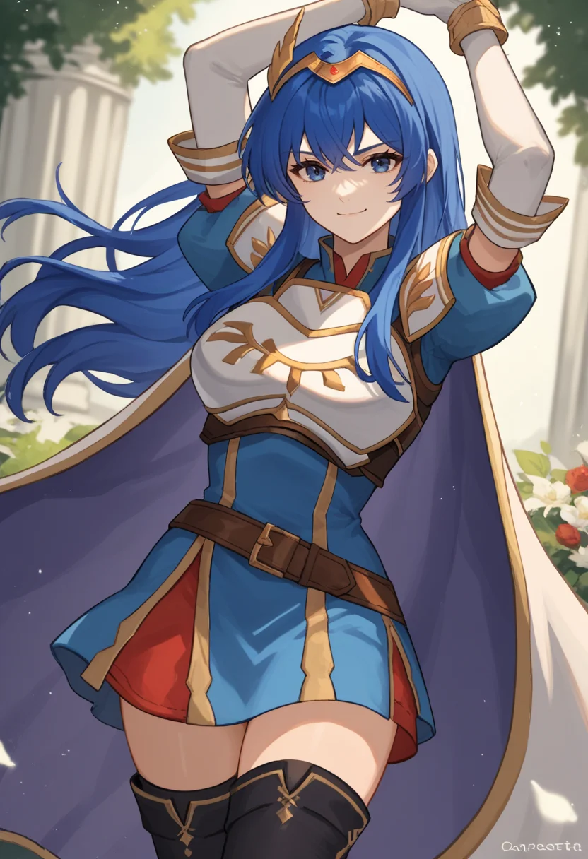 score_9, score_8_up, score_7_up, source_anime BREAK 1girl, solo, <lora:caeda-fe-richy-v1_pdxl:1> caedaatt, blue eyes, blue hair, long hair, bangs, tiara, red and blue dress, white shoulder armor, breastplate, cape, multiple belts, brown belt, elbow gloves, black thighhighs, thighs, white boots, standing, arms up, smirk, looking at viewer