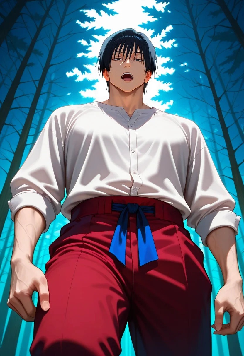 masterpiece, best quality, , (photorealistic:0.6), looking at viewer, 1boy, solo, male focus, <lora:touji_fushiguro_ilxl:0.96>, touji_fushiguro, black hair, black eyes, short hair, hair between eyes, bangs, , , from below, forest, dark, arm at side, open mouth, Mosaic Broderie anglaise Seersucker shorts, Checkered Cashmere Light green Button-down shirt, , , and