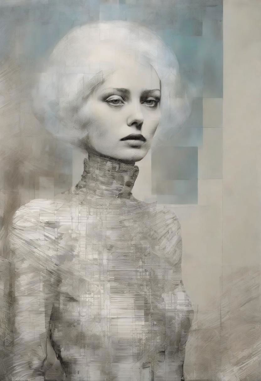 Monochrome black and white, Giger, Beksinski, Zawadzky, Dali, Magritte, Delvaux, Bellmer, Malevitch, Rodchenko, Mondrian, Kandinsky, Popovna, psychedelic hallucination, pop surrealism, rough crosshatch drawing pop art Lunatic_Portrait of a young woman in latex Avant-garde Fashion page, slick back, low bun, black makeup, sinister expression, intense glare, avant-garde, abstract, weird, geometric, constructivism, suprematism, rayonism, verticism, lineism, tj