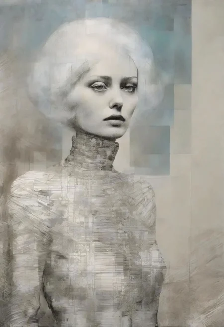 Monochrome black and white, Giger, Beksinski, Zawadzky, Dali, Magritte, Delvaux, Bellmer, Malevitch, Rodchenko, Mondrian, Kandinsky, Popovna, psychedelic hallucination, pop surrealism, rough crosshatch drawing pop art Lunatic_Portrait of a young woman in latex Avant-garde Fashion page, slick back, low bun, black makeup, sinister expression, intense glare, avant-garde, abstract, weird, geometric, constructivism, suprematism, rayonism, verticism, lineism, tj
