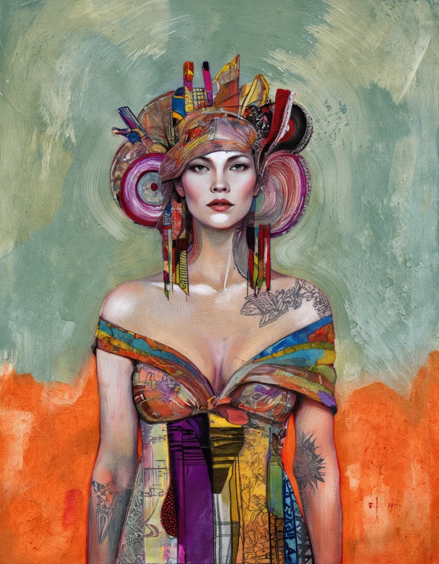 Art by Eli Minaya.
A woman with a vibrant, colorful hairstyle and a large, ornate headdress, standing in the middle of the image. the woman, who appears to be in her mid-twenties, has pale skin and blue eyes, and is wearing a colorful, off-the-shoulder top that is partially transparent, revealing her bare shoulders. her body is adorned with intricate patterns and tattoos, and she is standing with her arms at her sides. the background is a textured, muted green and orange gradient, with a soft, dreamy quality that adds to the overall sense of depth and dimensionality in the painting. the style is reminiscent of modern art, with bold, vibrant colors and intricate details that create a sense of movement and energy.