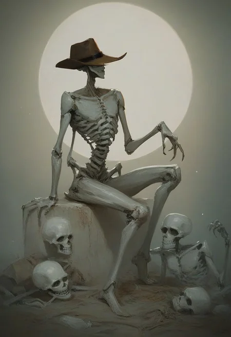 score_9, score_8_up, score_7_up, full dark, no stars, skeleton wearing cowboy hat, sitting on moon