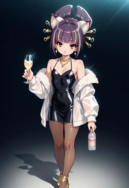 score_9, score_8_up, score_7_up, source_anime, uncensored, best quality, ((masterpiece)), 4k, fcx, fyx, phc, yuh, oya, kib, absurdres, retro style, neon signasl, nightclub, fullbody, complete body in the image, holding a bottle of wine, small body, Futanari, thin legs, round tip, <lora:long_eyelash:0.3>, long eyelashes, ultra detailed eyes, beautiful eyes, bright eyes, faint lips, very large hoop earrings, nsfw, cute smile, gold bracelets, gold anklets, saturated colors, high contrast, sultry, (sexy), dancing, ((pantyhose)), pantyhoses, streaked hair, flat chest, gyaru gal, see-through PVC large jacket, makeup, long eyelashes, glossy lipstick, mascara, blush, eyeshadow, jewel necklace, rich girl, sparkles, (glittering pastel clothing, glossy sparkling fabric), sharp focus, high heels
(1girl, darudayu))