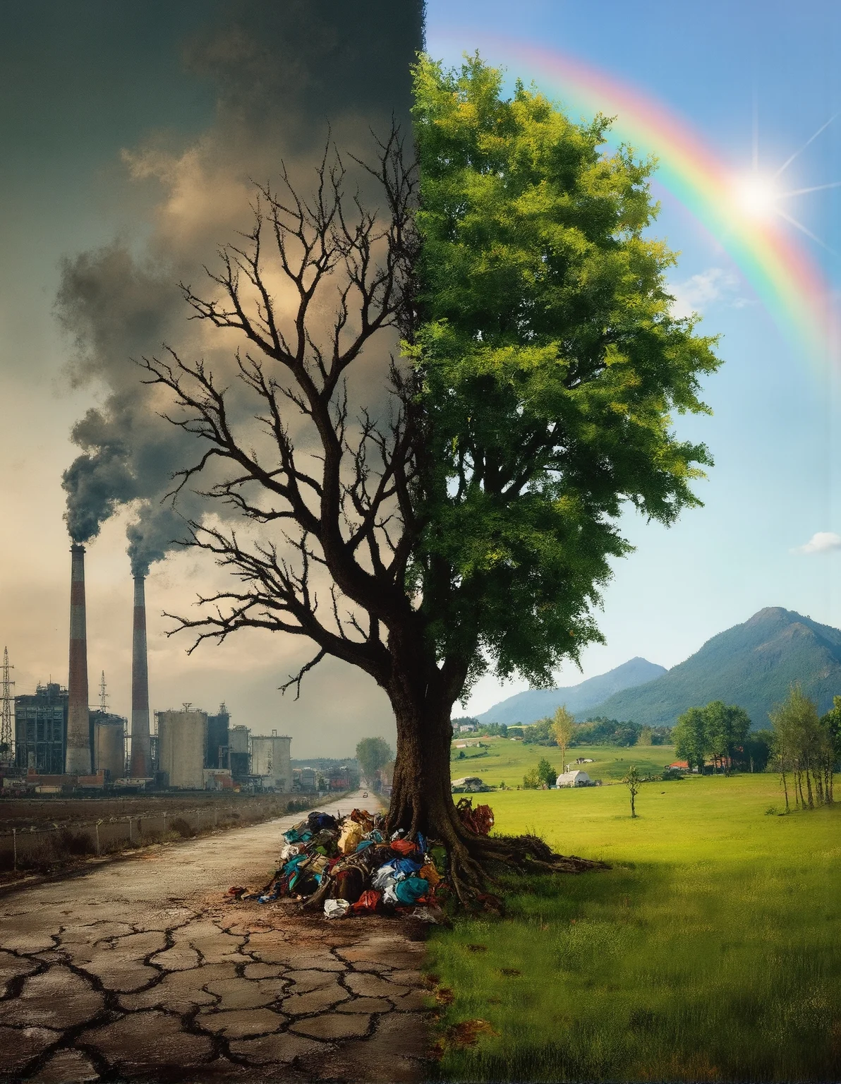 A strikingly symbolic surreal composition portraying a single tree split into two contrasting halves, forming the profile of a human face, where one side is barren and lifeless while the other thrives with lush greenery. The left half of the image presents a bleak dystopian landscape, filled with towering smokestacks belching thick, dark clouds into the sky, a sea of overflowing garbage bags piled beneath, and a cracked, ashen road stretching endlessly. The skeletal branches of the tree mirror the decay, devoid of leaves, twisted and lifeless, blending into the smog-filled atmosphere. On the right side, a vibrant utopian paradise emerges, with rolling green fields stretching toward lush forested mountains, illuminated by a soft, golden glow. The tree here is full of life, its rich green foliage thriving under a bright blue sky, where a radiant rainbow arcs gracefully, casting a hopeful aura over the pristine natural landscape. The stark contrast between industrial destruction and environmental harmony conveys a profound visual metaphor of human impact, nature’s resilience, and the choice between devastation and renewal in a hyper-detailed, thought-provoking surrealist art style.
<lora:FluxDFaeTasticDetails:0.25> <lora:fechin-FLUX:0.75>