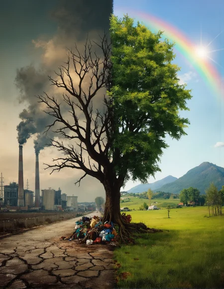 A strikingly symbolic surreal composition portraying a single tree split into two contrasting halves, forming the profile of a human face, where one side is barren and lifeless while the other thrives with lush greenery. The left half of the image presents a bleak dystopian landscape, filled with towering smokestacks belching thick, dark clouds into the sky, a sea of overflowing garbage bags piled beneath, and a cracked, ashen road stretching endlessly. The skeletal branches of the tree mirror the decay, devoid of leaves, twisted and lifeless, blending into the smog-filled atmosphere. On the right side, a vibrant utopian paradise emerges, with rolling green fields stretching toward lush forested mountains, illuminated by a soft, golden glow. The tree here is full of life, its rich green foliage thriving under a bright blue sky, where a radiant rainbow arcs gracefully, casting a hopeful aura over the pristine natural landscape. The stark contrast between industrial destruction and environmental harmony conveys a profound visual metaphor of human impact, nature’s resilience, and the choice between devastation and renewal in a hyper-detailed, thought-provoking surrealist art style.
 <lora:FluxDFaeTasticDetails:0.25> <lora:fechin-FLUX:0.75>