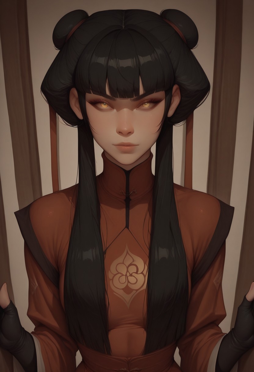 masterpiece, best quality, amazing quality, absurdres,  Mai_Avatar, black hair, long hair, blunt bangs, double hair bun, twintails, sidelocks, yellow eyes,, chinese clothes, black gloves, fingerless gloves, turtleneck, wide sleeves, artist:moriimee