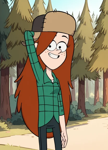 <lora:WendyCorduroyPony1.0:1>wendy, long hair, 1girl, orange hair, solo, green shirt, freckles, earrings, fur hat, smile, pants, tree, outdoors, looking at viewer, cowboy shot,, score_9, score_8_up, score_7_up, score_6_up, score_5_up, score_4_up arm behind head, grin,