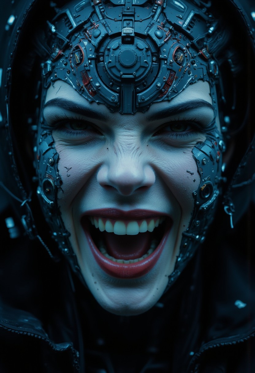 The camera lingers close—tight framing accentuates the details of her nightmarish visage, every fractured circuit and every distorted whisper painting the image of a being who thrives in the void between code and chaos. Her laughter continues, relentless, echoing through the empty ruins of a world she has already begun to unmake.