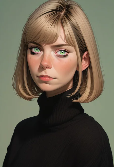 1girl, belatricepamford, pretty face, freckles, manic pixie, light hair, goth makeup, sweater, nose, seductive,
FOV medium shot,
simple pastel green background,
score_9,score_8_up