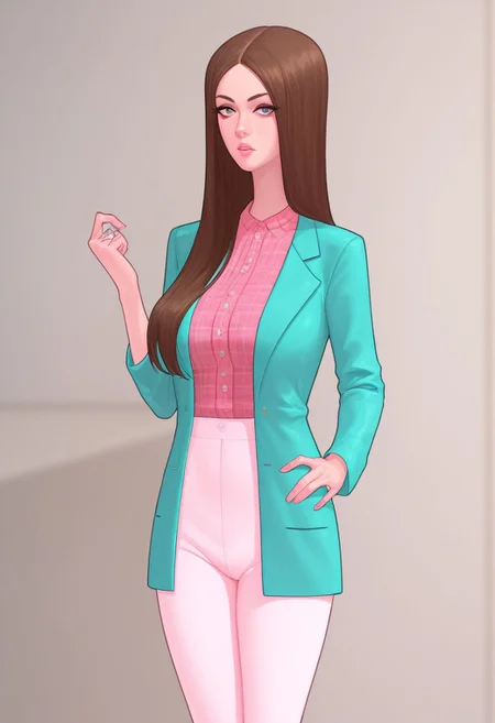 Score_9_up, score_8_up, score_7_up, solo, 1girl, rubysn, brown hair, long hair, aqua jacket, pink plaid shirt, pants, hand on hip, Expressiveh