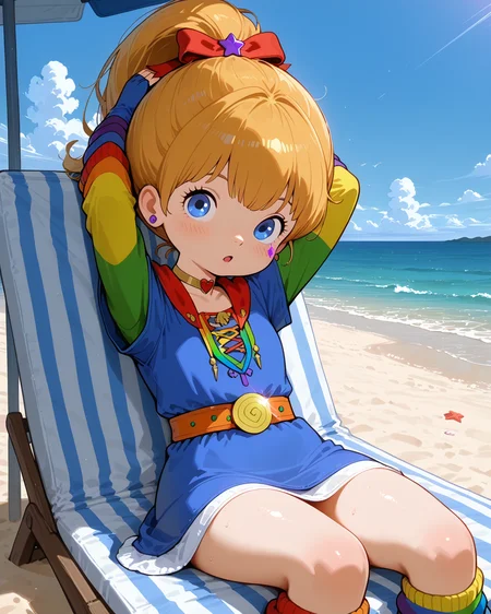 IllusP0s, PonyScores7, source_anime, ah1, IllustriousQual, interesting, exciting, spectacular, wonderful,
BREAK (Still Life Perspective shot),
BREAK 1girl, <lora:Rainbow Brite Illustrious 1:0.6>, Rainbow Brite, Starlight, A white horse with a rainbow mane, <lora:shinyskin2:0.2>, glistening skin,
BREAK  (blonde hair), long hair, hair bow, updo ponytail, <lora:hairdetailpxl:0.2>, hairdetailpxl,
BREAK (blue eyes), <lora:expressive eyes:0.2>, expressive eyes, <lora:eyedetailpxl:0.2>, eyedetailpxl, <lora:Eyes_High_Definition:0.2>, EyesHD,
BREAK (("._.")), <lora:Expressive_H:0.2>, Expressiveh, <lora:Emotional_Anime_Expressions_PonyXL_Concept:0.2>, emotional, <lora:Best_Facial_Expression_LoRA_PONY:0.2>, looking at viewer, <lora:Detailed expressive EXEV style -XL Pony V1.0:0.2>, FaceDetail,
BREAK ((Hands clasped behind the head, reclining)),
BREAK (Choker, Fingerless Gloves, rainbow Leg Warmers, multicolored dress, harness, belt, boots, rainbow sleeves),
BREAK (((a luxurious beach, offering plush loungers, private cabanas, upscale beachside decor, stylish beach chairs, sophisticated sunshades))),
BREAK <lora:xl_more_art-full_v1:0.2>, <lora:aesthetic_anime_v1s:0.2>, <lora:EpicF4nta5yXL:0.2>, <lora:detailxl:0.2>, detailxl, <lora:Fant5yP0ny:0.2>, best quality, amazing quality, best aesthetic, absurdres, illustration, Volumetric_Lighting, ultra-detailed, very aesthetic, intricate details, 8k, masterpiece, best_quality
BREAK Stable_Yogis_PDXL_Positives, AS-Adult, <lora:Complicated fantasy portrait - XL Pony V2.0:0.2>, bad-hands-5, <lora:HDA_Detailer:0.3>,