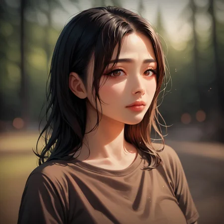 (((detailed, beautiful, high quality))), score_9, score_8_up, score_7_up, upper body,
(depth of field, dynamic lighting),
human,
1 girl, asian appearance, brown eyes, black hair, brown T-shirt,
looking at the viewer, posing, 
blurred background, fantasy background, dark background, forest,