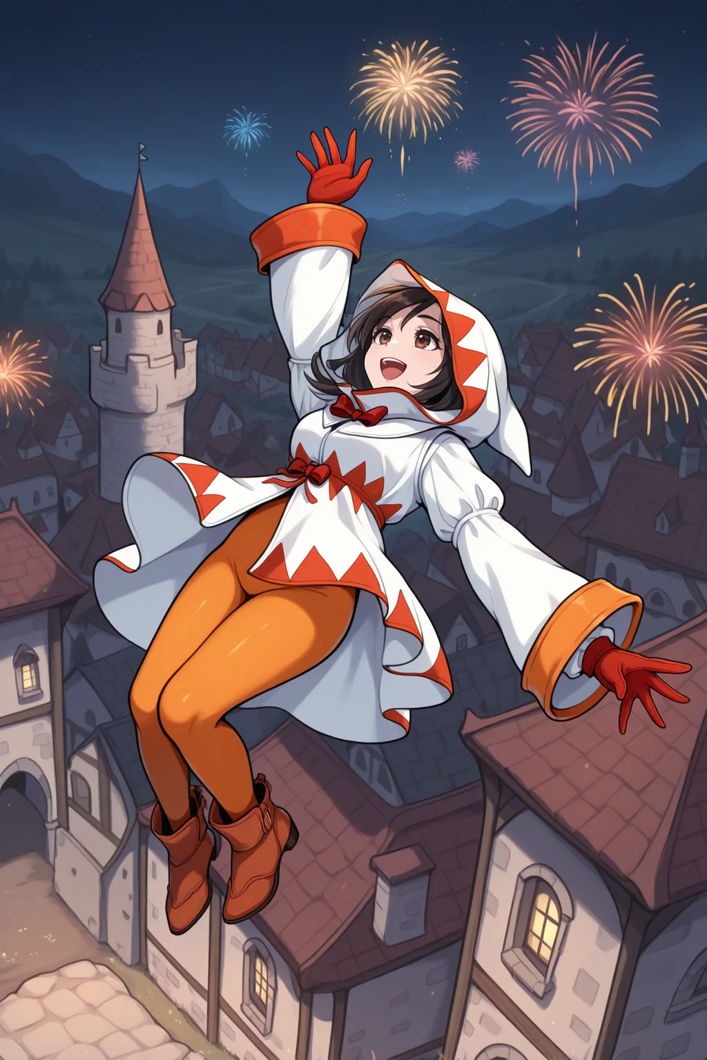 masterpiece, best quality, 1girl, solo, <lora:ffgarnet-illu-nvwls-v1_1-000007:1> ffixgarnet, black hair, brown eyes, white mage, white robes, red bow, hood up, orange pants, orange bodysuit, red gloves, brown boots, jumping, midair, happy, open mouth, arm up, dynamic pose, full body, wide shot, night, from above, medieval, village, castle, landscape, buildings, fireworks