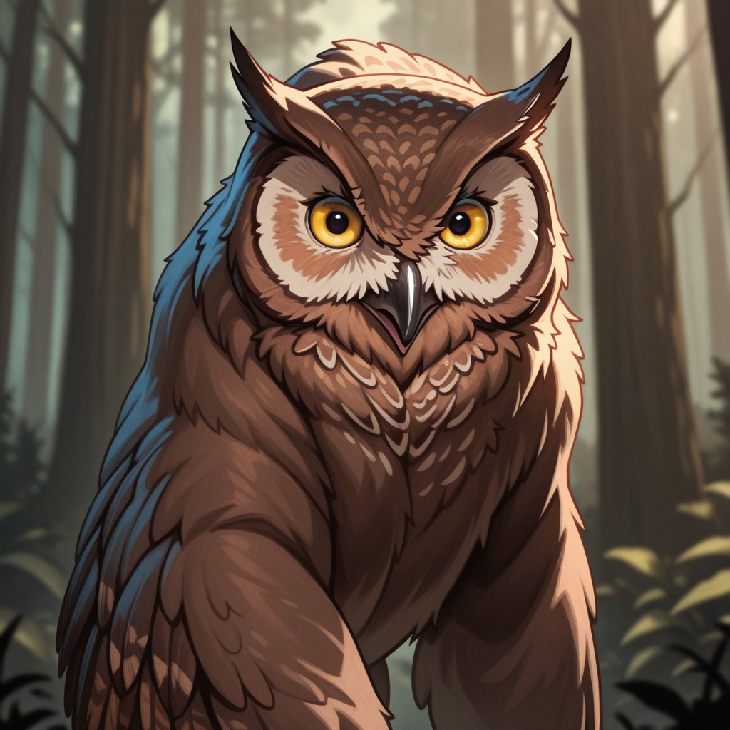 masterpiece, best quality, amazing quality, very aesthetic, solo,
owlbear, feral, owl's head, bear's body,
1 male, brown fur, yellow eyes,
looking at the viewer, posing,
fantasy background, blurred background, forest,