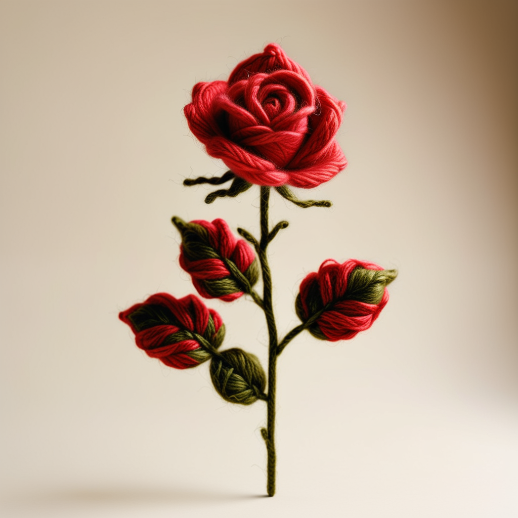 score_9, score_8_up, score_7_up, score_6_up, score_5_up, score_4_up, raw photo, photorealistic, <lora:extremely_detailed:0.25> extremely detailed,<lora:add-detail-xl:0.25>, <lora:detailed_notrigger:0.25>, <lora:MJ52:0.25> realistic, photography, 
macro shot, full body,
a single rose stem, made of wool, <lora:WoolStyle:1> Jed-Wool