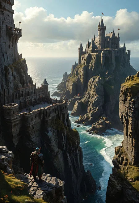 extremely detailed, hero shot, high detail, hires textures, incredibly detailed, intricate details, intricate diorama, masterpiece, outstanding intricacies, photorealism, true masterpiece, cliff background, pleasant, Stately, ( dnd fantasy, a group of humans and elves and dwarves in the foreground in a fantasy world, castle fortress on distant cliffside), with fantasy antiquity-ships in the far-distant background near horizon