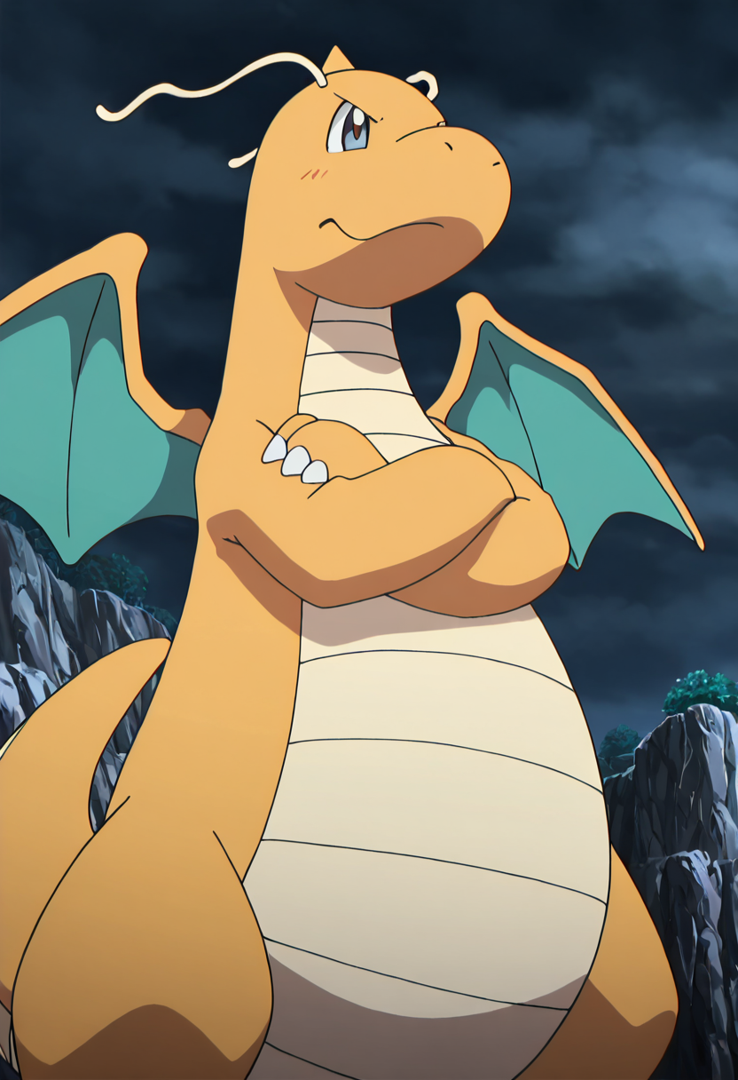 masterpiece, best quality, anime screencap, solo,   zzDragonite, perched atop a sea cliff in stormy weather, arms crossed and tail whipping in the wind as waves crash far below.   ,<lora:DragonitePokedex_IXL_v1:1.0>,