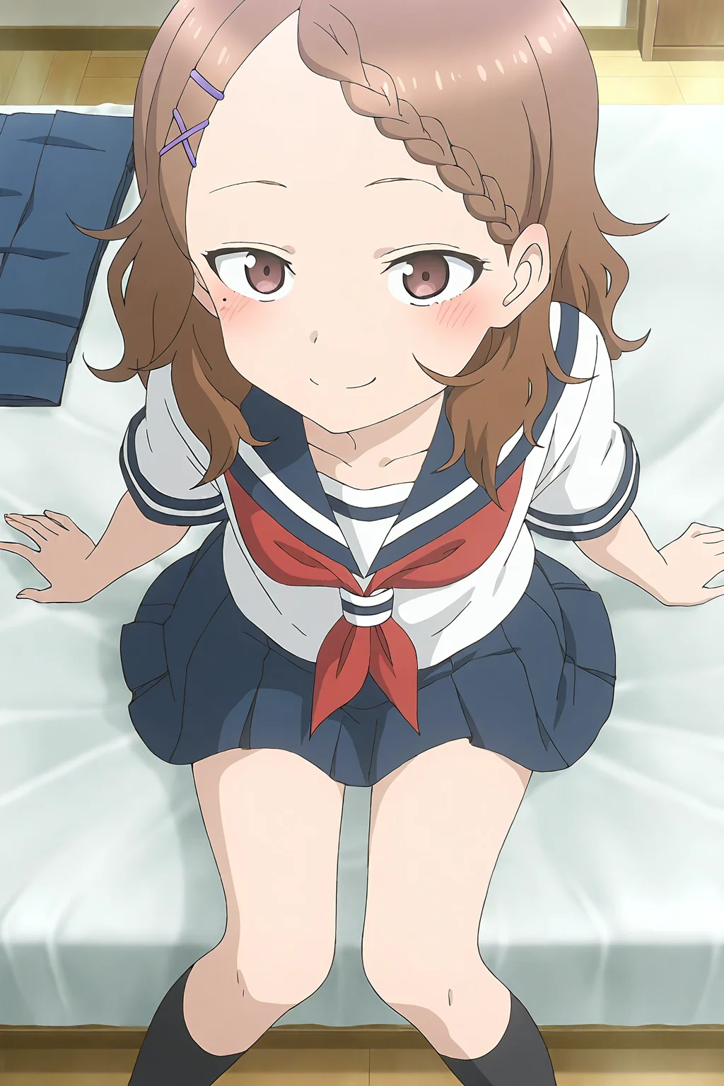masterpiece,best quality,good quality,rating safe,<lora:houjou-ill_narcissu:1>, 1girl,solo,houjou, houjou_(takagi-san),brown hair, hairclip, school uniform, mole, mole under eye, braid, serafuku, x hair ornament, medium hair, brown eyes, braided bangs, skirt, blue skirt, serafuku, red neckrchief, short sleeves, blue sailor collar,black socks,anime screencap, blush,sitting on the bed,looking at view,bedroom,smile