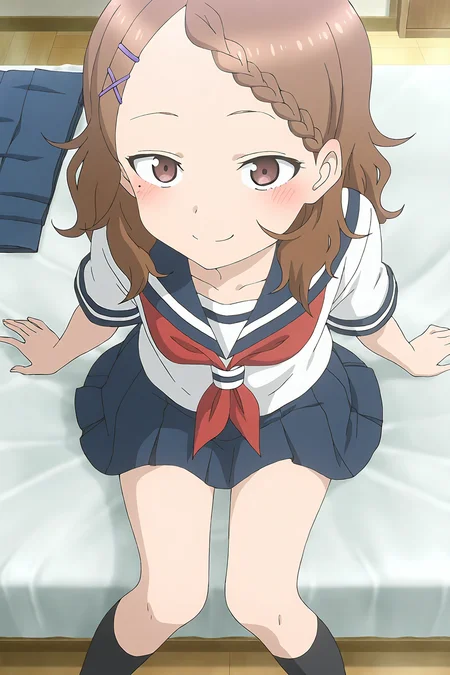 masterpiece,best quality,good quality,rating safe,<lora:houjou-ill_narcissu:1>, 1girl,solo,houjou, houjou_(takagi-san),brown hair, hairclip, school uniform, mole, mole under eye, braid, serafuku, x hair ornament, medium hair, brown eyes, braided bangs, skirt, blue skirt, serafuku, red neckrchief, short sleeves, blue sailor collar,black socks,anime screencap, blush,sitting on the bed,looking at view,bedroom,smile