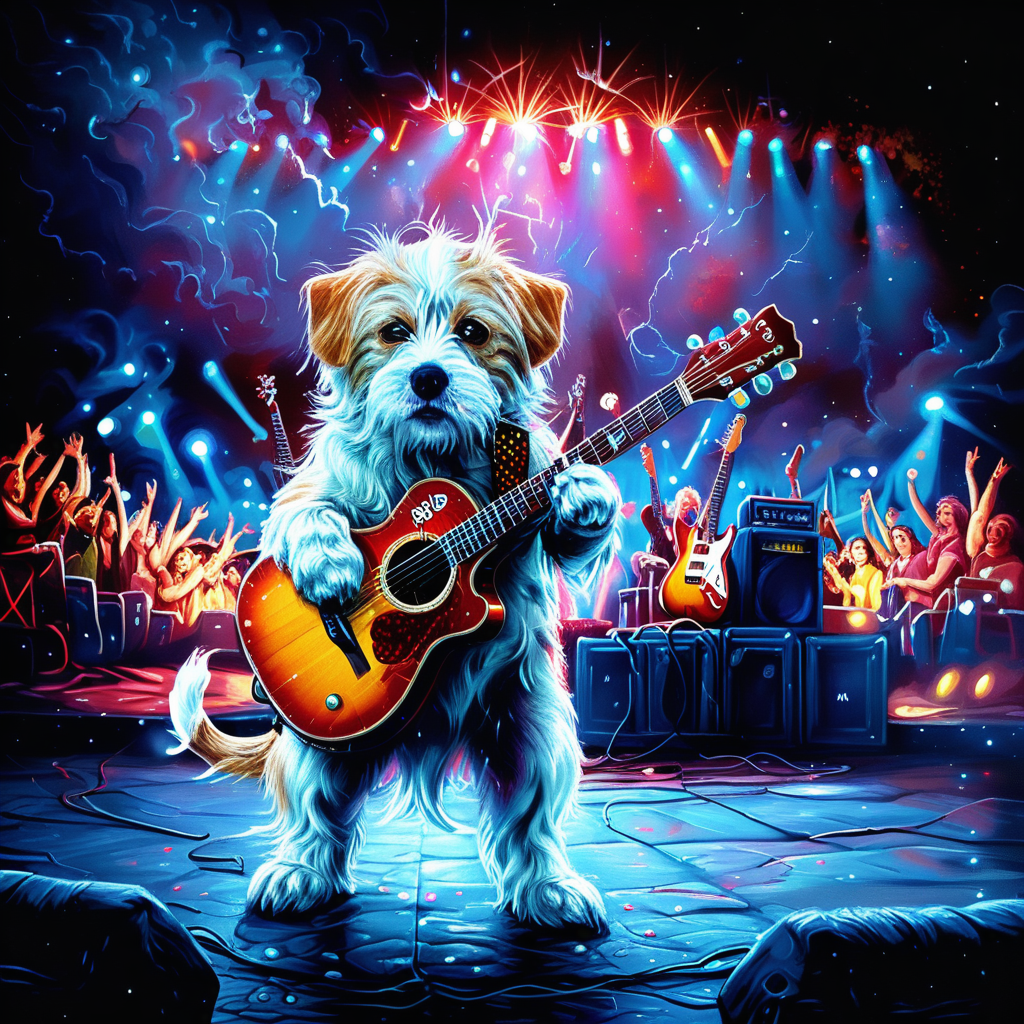 Hyperrealistic, crystal-clear portrait of a  <lora:ZIP_SDXL:1> zip dog looking at the viewer Walking on stage playing his guitar  <lora:1980s_Fantasy_Style_test_2:0.3> 1980s Fantasy Style, vivid color <lora:Rock_Concert:0.5> r0ckc0ncert, on stage, light show, smoke, band, instruments <lora:tbh160-sdxl:0.8> style of Dan Mumford  ith super sharp details and vivid colors, intricate textures, and pristine clarity.