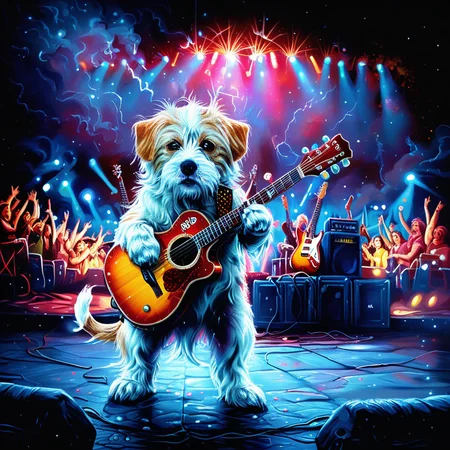 Hyperrealistic, crystal-clear portrait of a <lora:ZIP_SDXL:1> zip dog looking at the viewer Walking on stage playing his guitar <lora:1980s_Fantasy_Style_test_2:0.3> 1980s Fantasy Style, vivid color <lora:Rock_Concert:0.5> r0ckc0ncert, on stage, light show, smoke, band, instruments <lora:tbh160-sdxl:0.8> style of Dan Mumford ith super sharp details and vivid colors, intricate textures, and pristine clarity.