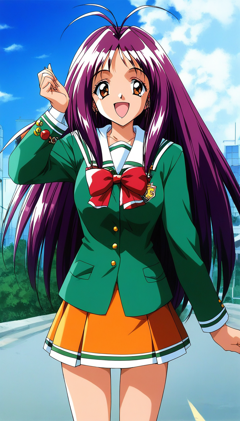 score_9, score_8_up, score_7_up, source_anime, rating_explicit, BREAK  <lora:Kotobuki_Miyuki_XL:1> Kotobuki_Miyuki, purple hair, long hair, brown eyes, antenna hair,
1girl, solo, school uniform, skirt, outdoors, open mouth, smile, orange skirt, green shirt, looking at viewer, day, shirt, long sleeves, pleated skirt, bow, :d, sky, red bow, standing, 1990s (style), miniskirt, retro artstyle