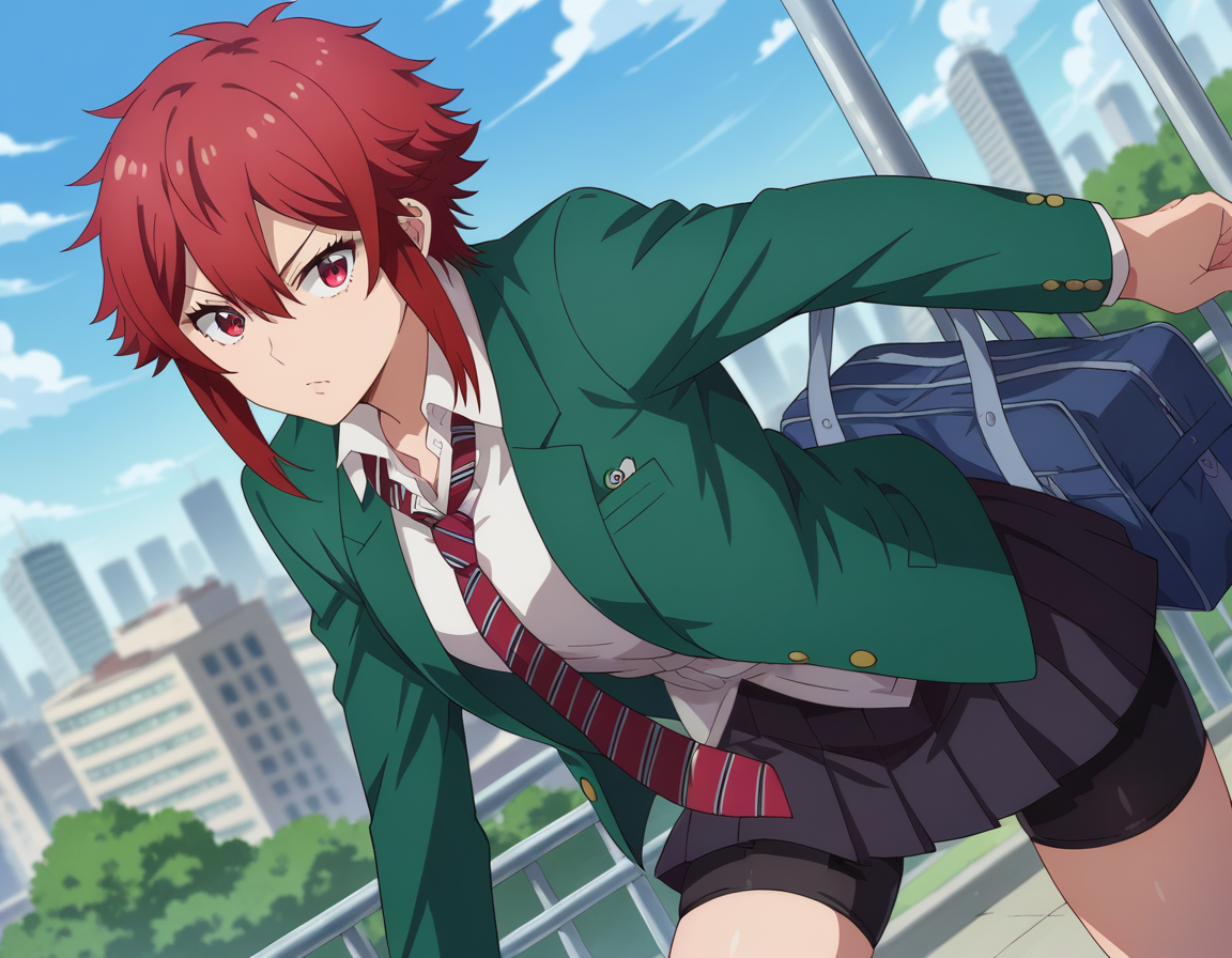 score_9, score_8_up, score_7_up, source_anime,
tomoaizawa, <lora:tomo-aizawa-ponyxl-lora-nochekaiser:1>,
tomo aizawa, short hair, red eyes, hair between eyes, red hair,
skirt, shirt, school uniform, jacket, white shirt, pleated skirt, necktie, striped, black skirt, blazer, red necktie, school bag, green jacket, striped necktie, green blazer, bike shorts,
outdoors, cityscape, bent over,
looking at viewer, dutch angle, cowboy shot,